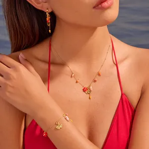Stainless Steel Ginkgo Leaf Jewelry Set For Women Red Flower Colorful Beads Tassel Pendant Necklace Bracelet Earrings Set Holiday Jewelry
