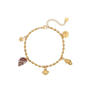 Detailed view of stainless steel charm bracelet with seashells and sea turtle pendants