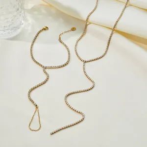 Elegant gold-plated stainless steel Y-necklace and finger bracelet jewelry set detail