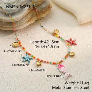 Detailed measurements of a colorful ocean-themed enamel charm necklace in stainless steel