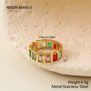 Macro view of multi-color geometric crystal ring in gold-plated stainless steel metal