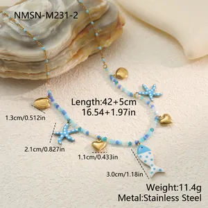 Detailed dimension map of summer ocean element necklace featuring starfish and fish charms