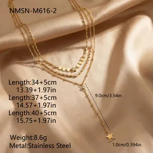 Detailed view of triple-layer stainless steel star necklace with size and weight info