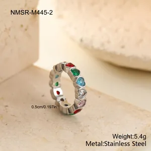 Detailed view of a multi-color heart gemstone stainless steel ring with 0.5cm width