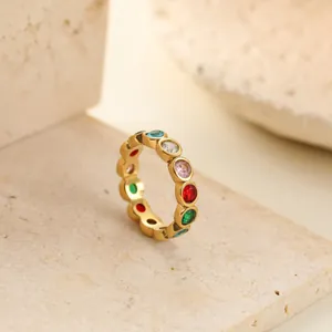 Close-up of a gold stainless steel ring featuring multi-colored round gemstones