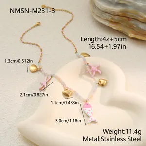 Detailed dimensions of summer marine charm necklace with enamel fish and starfish.