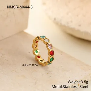 Detailed view of gold stainless steel ring with multi-color geometric gemstones