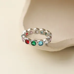 Detailed view of a silver stainless steel ring featuring colorful round geometric gemstones