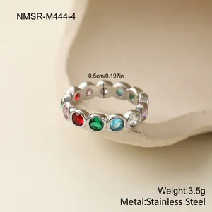 Detailed view of stainless steel ring with vibrant multicolor geometric gemstones