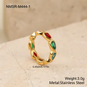 Detail of a stainless steel ring with colorful teardrop gems and gold finish.