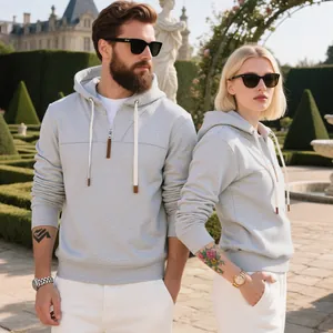 Detalles de una sudadera con capucha gris de vellón pesado con cremallera para parejas
