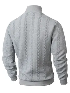 Detailed back view of a grey men's high neck cable knit sweater with textured pattern