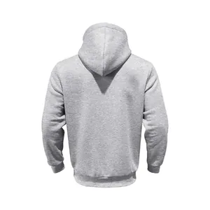 Vista trasera de una sudadera con capucha gris de forro polar grueso y puños acanalados