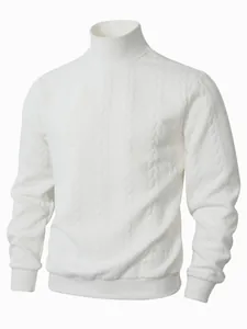 Detailed macro view of white cable knit turtleneck sweater showing premium ribbed texture