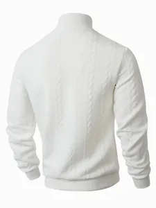 Detail view of men's white cable knit high neck sweater with ribbed cuffs and hem