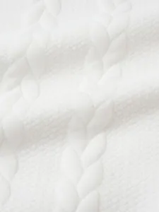 Macro view showing the detailed white cable knit and jacquard texture of a men's winter sweater
