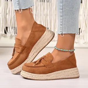 Women Platform Loafers Suede Tassel Espadrille Slip On Shoes Round Toe Thick Sole Vintage Moccasins Fashion Casual Flats