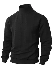 Detailed view of men's black high-neck knitted sweater with textured jacquard pattern