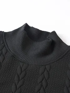 Close-up detail view of a black men's mock neck sweater with textured knit pattern.