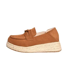 Women's brown suede platform loafers with braided espadrille sole and tassel detail