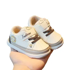Breathable white baby walking shoes with cute cartoon patterns and non-slip soft soles
