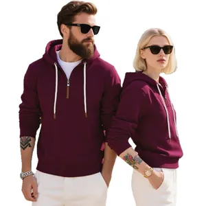 Sudadera con capucha unisex granate de tejido pesado forro polar con cremallera y cordón