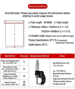 Size guide and thickness chart for clear self-sealing plastic zip lock bags.