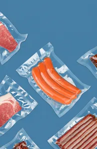 Transparent nylon vacuum seal bags displaying various food items like sausages and meat.