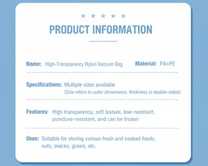 Information card showing material and features of high transparency nylon vacuum bags