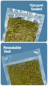 Detail of thick vacuum sealer bags for food storage showing vacuum and seal functions.
