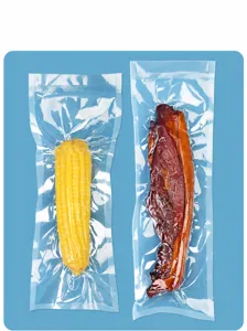 Detailed view of transparent nylon vacuum sealer bags containing corn and cured meat.