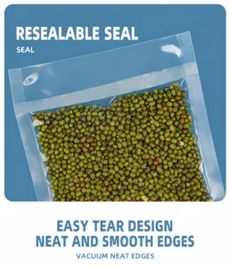 Detailed view of transparent vacuum food bag showing neat seal and easy-tear notch design