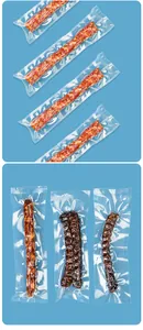 Detailed view of thickened long narrow vacuum sealer bags containing cured meat for storage