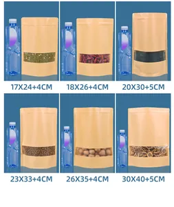 Vista detallada de seis tamaños de bolsas de papel kraft con ventana transparente para comida.
