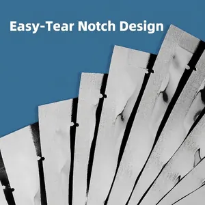 Silver aluminized vacuum bags with easy-tear notch design on blue background