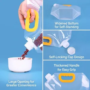 Sacchetto trasparente per alimenti con manico giallo e tappo a vite per cereali e liquidi