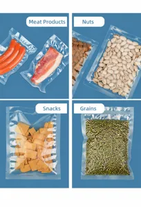 Sacs sous vide transparents pour conserver viande, noix, snacks et céréales sur fond bleu