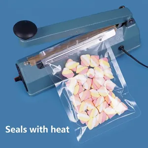Transparent heat-sealable food packaging bag with colorful marshmallows inside