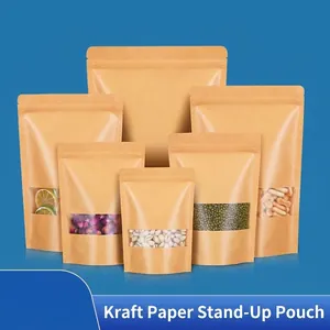 Kraft Paper Stand Up Pouch With Frosted Window Zipper Resealable Food Storage Bags For Snacks Tea Dry Fruit Coffee Packaging