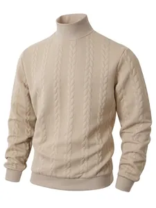 Detailed view of the intricate cable knit pattern on a men's beige turtleneck sweater