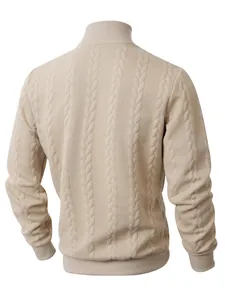 Detailed back view of a beige cable-knit men's turtleneck sweater with thick texture