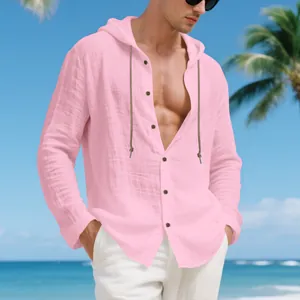 Lässiges rosa Leinenhemd für Herren mit Kapuze und langen Ärmeln für den Strandurlaub Detail