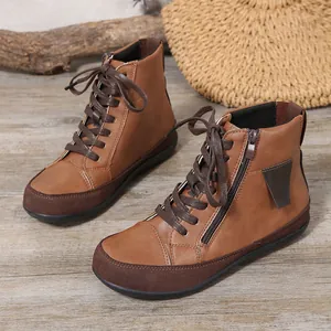 Botas Cortas Planas de Cuero PU Retro para Mujer Minimalistas con Cremallera Lateral Cordones Impermeables Antideslizantes Casual