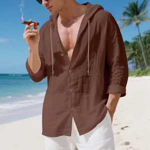 Lockerer Herren Leinen Kapuzen Cardigan in Braun, strukturierter Strandurlaub Stil