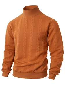 Macro view of men's orange turtleneck sweater showing cable knit jacquard texture.