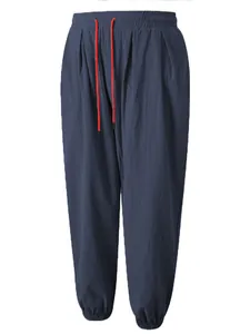 Pantalones casuales de lino y algodón azul marino para hombre con cordón rojo vivo