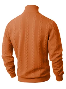 Men's orange cable knit turtleneck sweater back view detail high-quality winter wear.