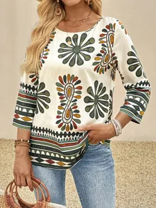 Stylish bohemian floral print round neck top with comfortable three-quarter sleeves