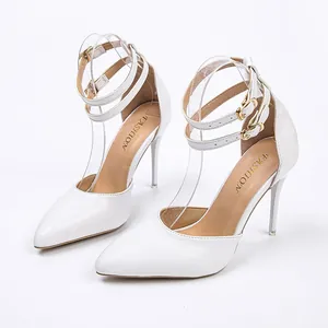 Elegant white pointed-toe stiletto heels with multi-strap ankle buckles for women