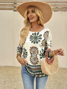 Bohemian style women's floral printed top with round neck and chic half sleeves detail